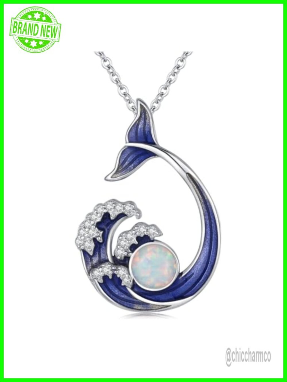 925 Sterling Silver Ocean Wave Whale Tail Necklace with Opal, 18+2 Inch